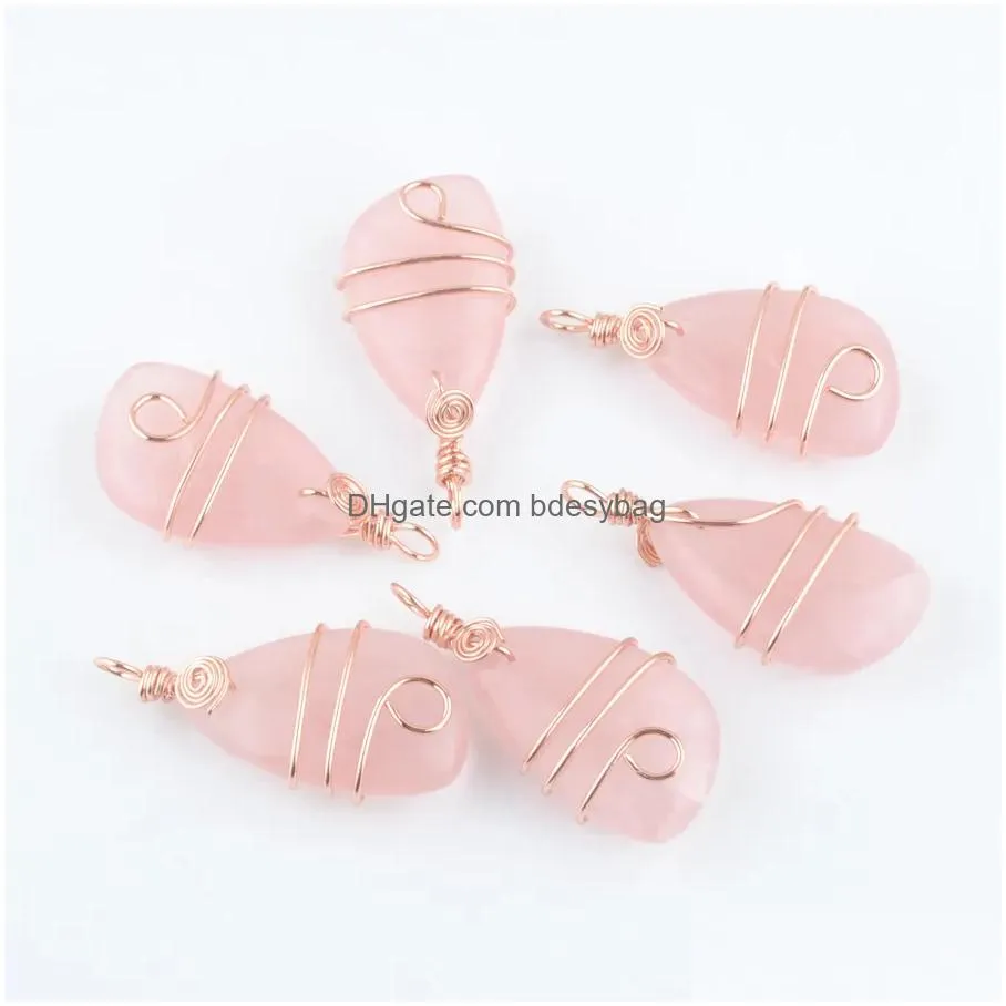 natural stone copper wire wrap pendant irregular geometric bead rose gold color dangle charms jewelry bn437