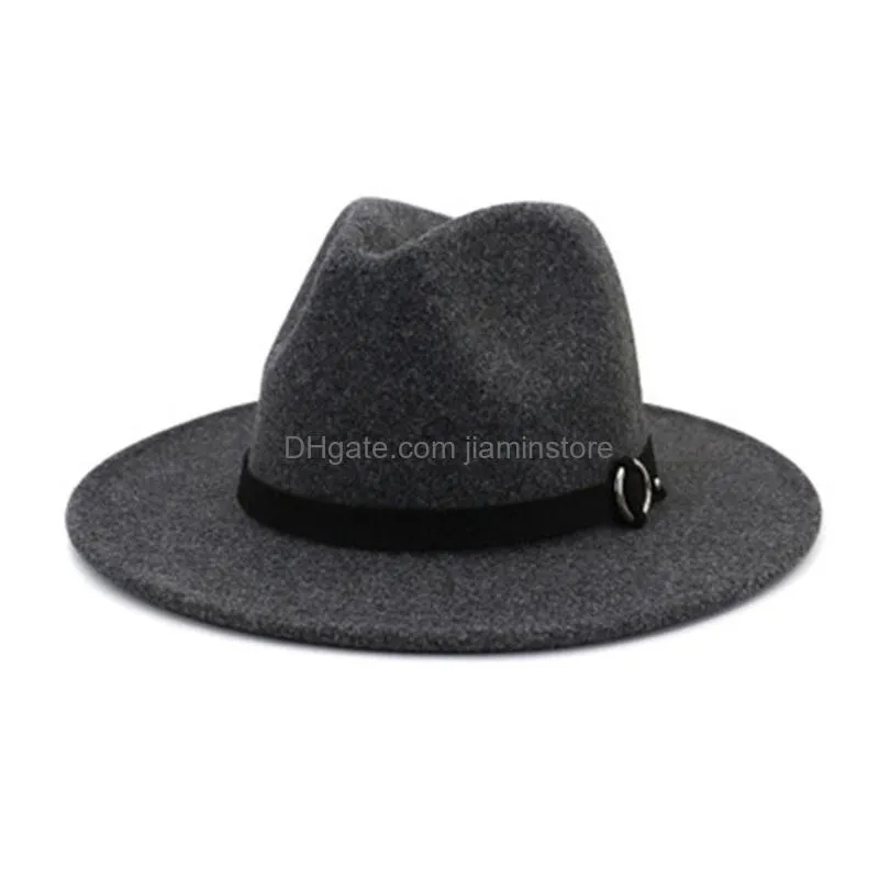 wool hats men women solid wide brim with belt designed fedora women hats warm luxury dress formal grey white felted wool hat men