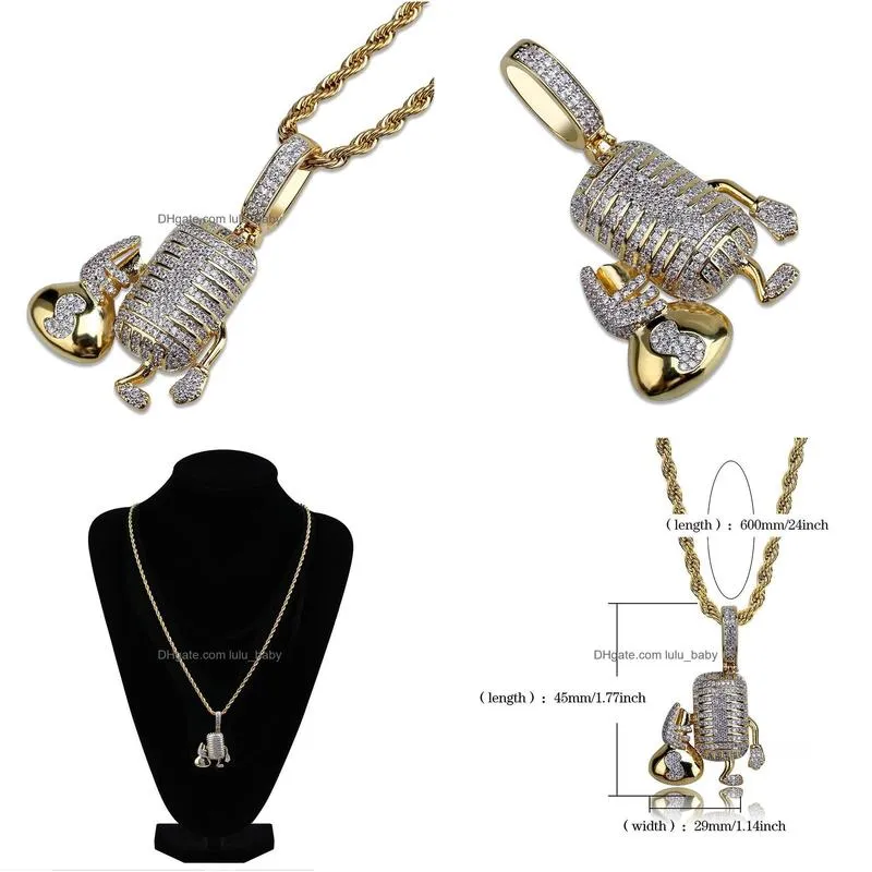 hip hop copper microphone holding money bag iced out cubic zircon pendant necklace men jewelry with rope chain