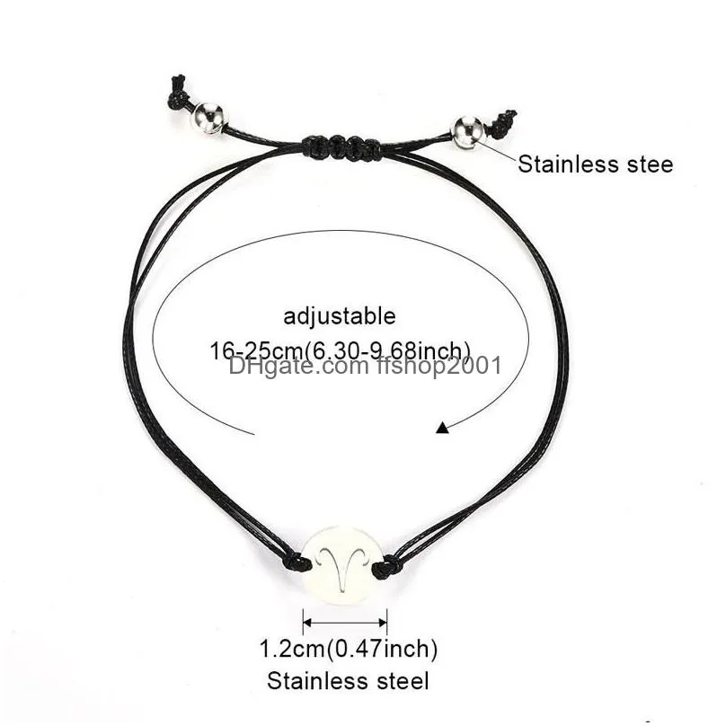 twelve constellations rope adjustable wristbands charm bracelet zodiac stainless steel bangles jewelry with card 