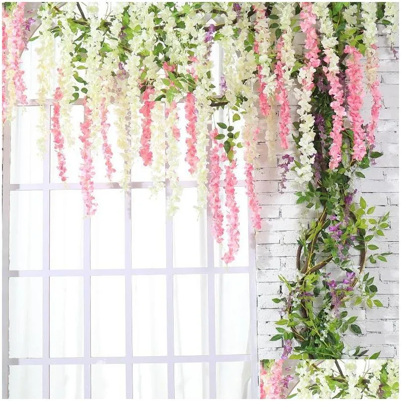 diy wisteria artificial flowers hanging garland vine rattan fake flower string silk flowers for home garden mall wedding decoration