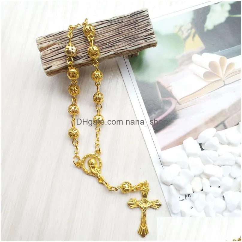 hollow out metal bead rosary bracelet gold cross strand bracelet catholic jewelry gifts