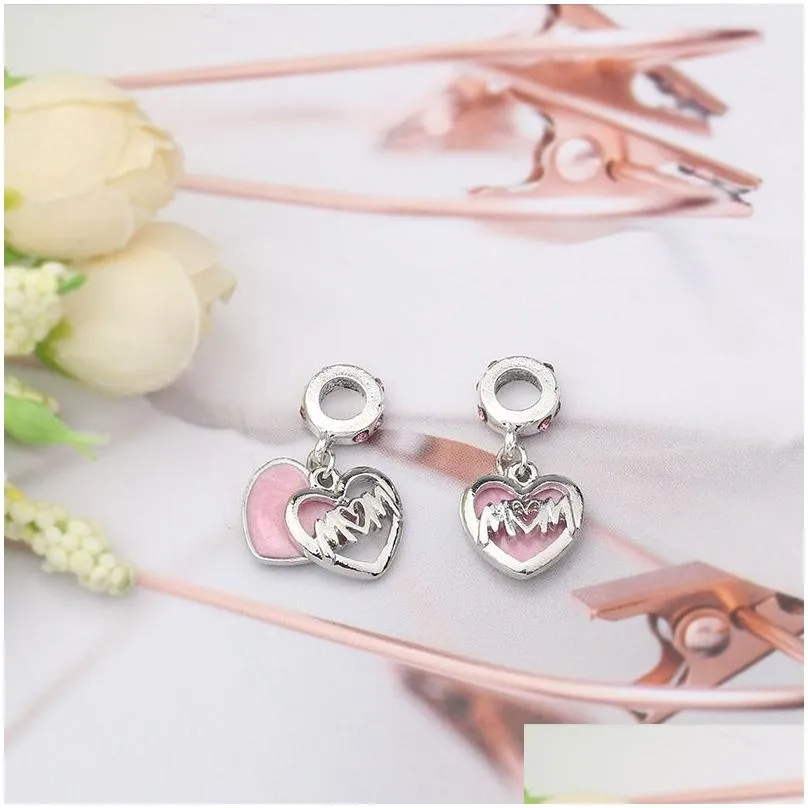 fits pandora bracelets 20pcs mum pink enamel dangle silver charms bead charm beads pendant for wholesale diy european sterling necklace