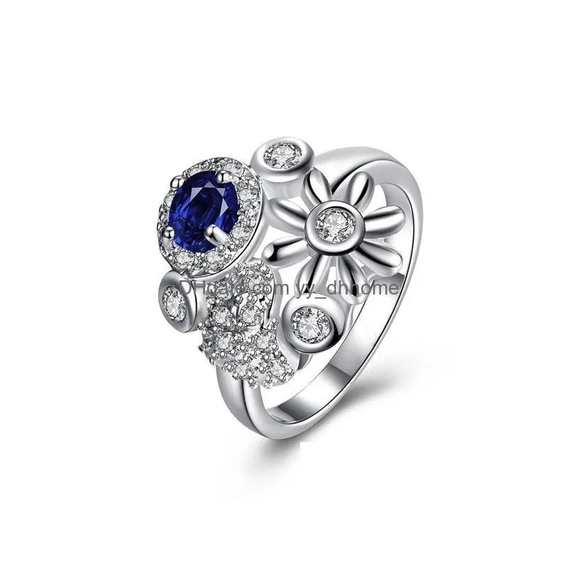 clover flower geometry blue gemstone 925 silver rings with side stones gtgr13 high grade sterling silver ring 10 pieces mixed style