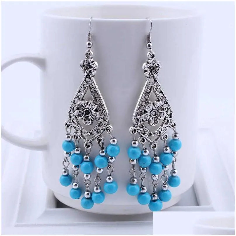 womens hollow flowers tibetan silver turquoise charm earrings gstqe041 fashion gift national style women diy earring