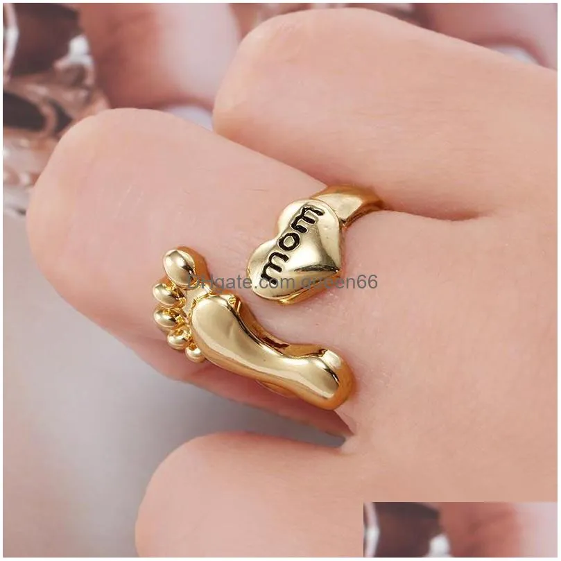 heart foot print love mom ring open adjustable ring fashion jewelry gift for mother birthday drop shipping