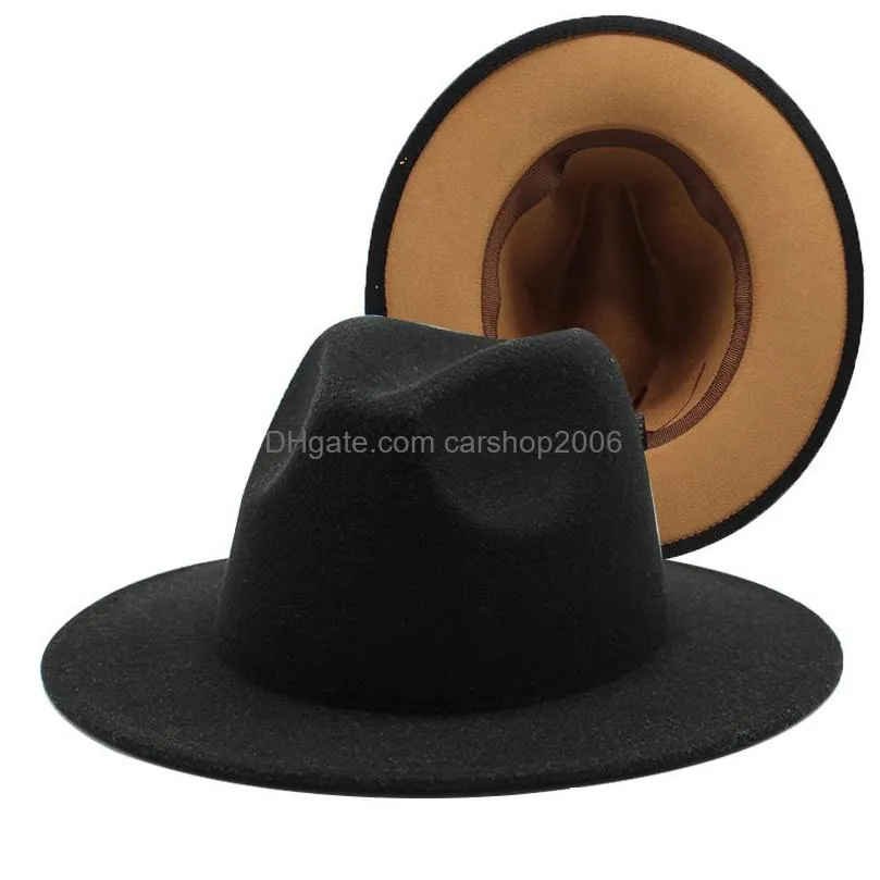 2021 outer black inner orange white green tan red wool felt jazz fedora hats with belt buckle wide brim panama cap 60cm