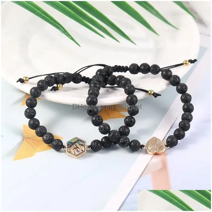 round cross heart abalone shell charm bracelet fashion 6mm black lava stone beads bracelet for women men adjustable rope jewelry