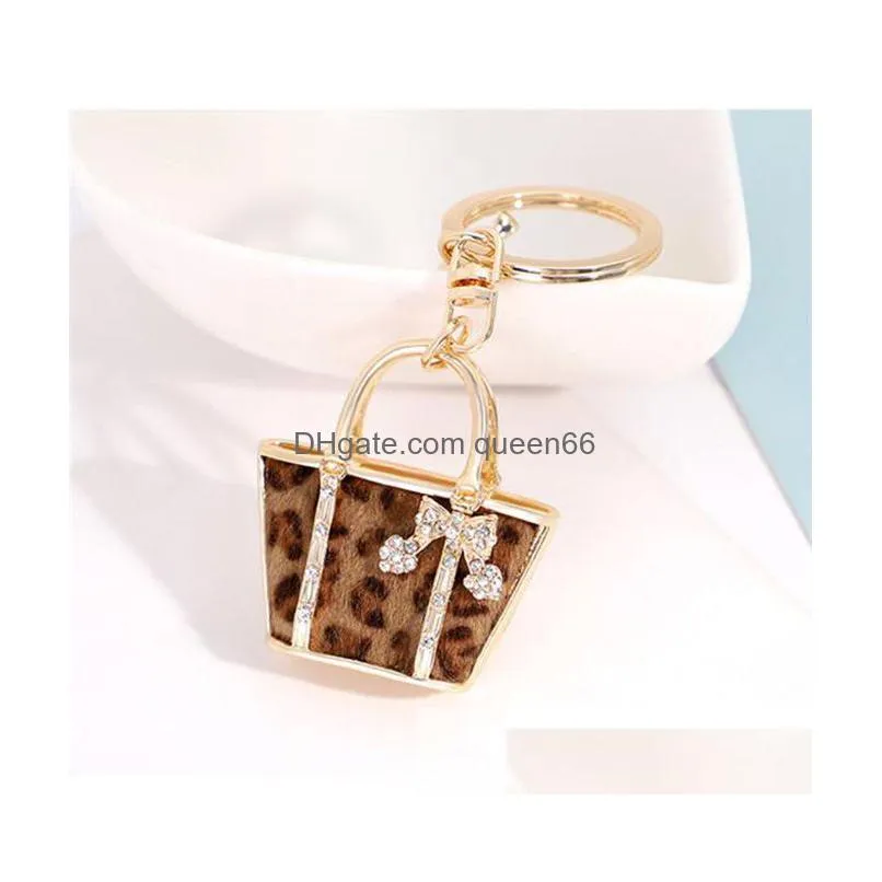 leopard print bag shape keyring crystal rhinestone keychain cartoon keychain for women