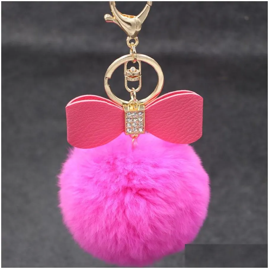 high quality rex rabbit fur ball keychain diamond bowknot ladies car ornaments gift key rings gskr280 mix order 20 pieces a lot