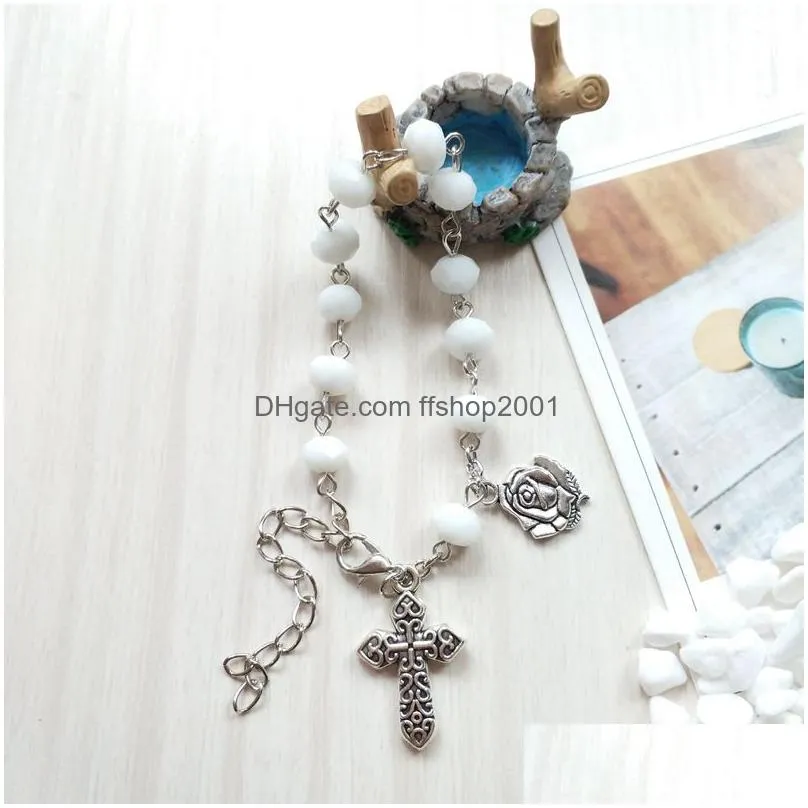 religious cross jewelry metal rose white crystal rosary bracelet