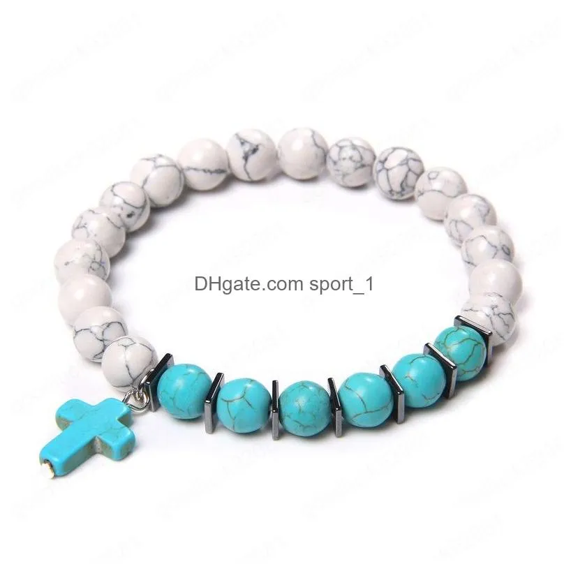 natural lava stone white howlite turquoises beads bracelets cross charm bracelet female male fashion jewelry homme gift