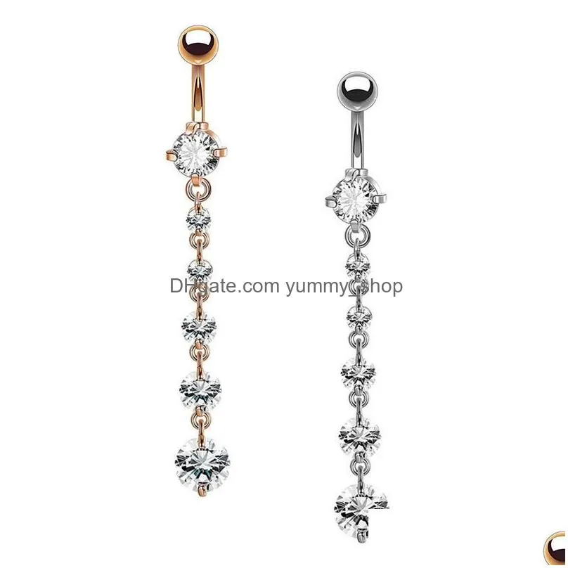 fashion stainless steel zircon long dangle round rhinestone navel belly ring button bar barbell rings piercing reverse jewelry