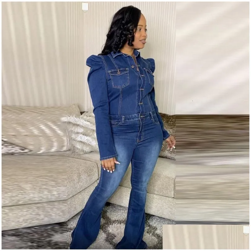 womens jumpsuits rompers fall clothes long sleeve jeans women high waist outfit casual plus size wholesale drop 221123