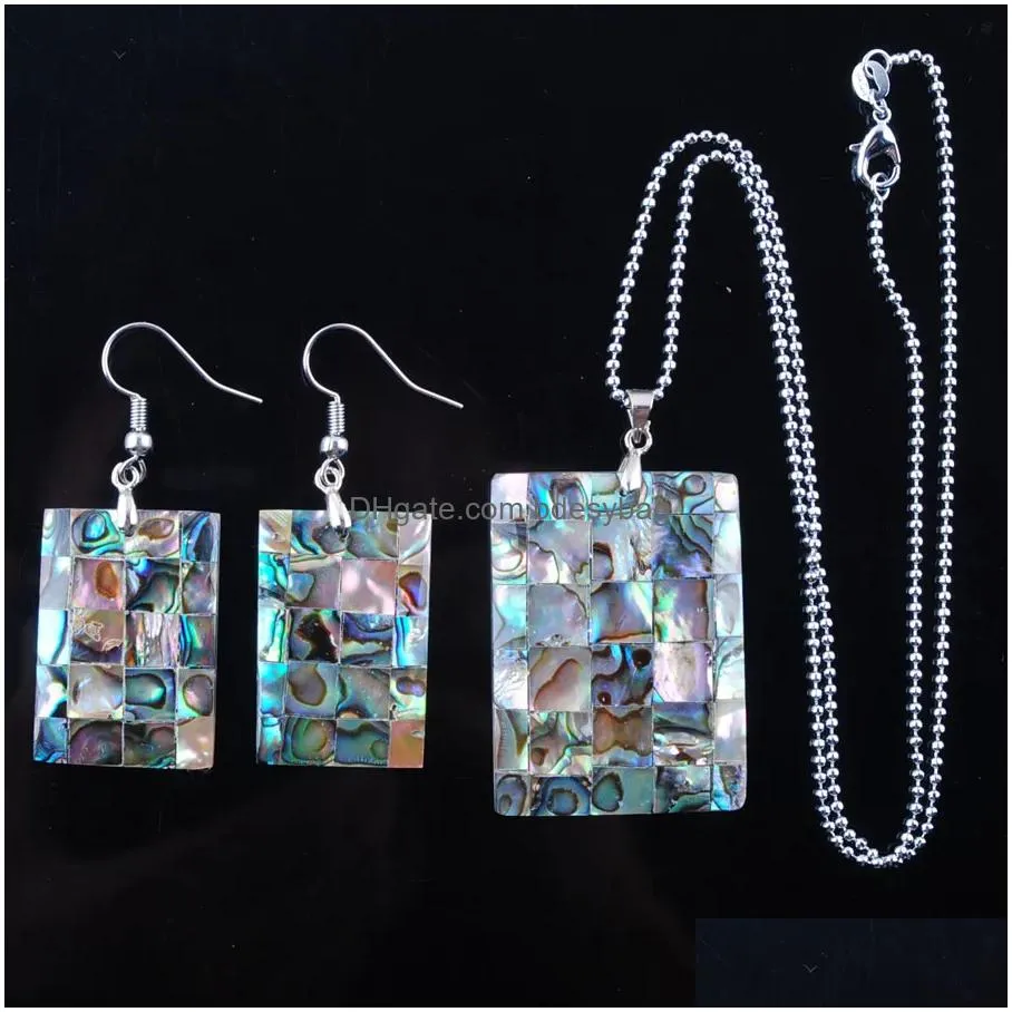 natural paua abalone shell rectangle fashion jewelry set for women party gift beads dangle pendant dangle hook earring chain 45cm