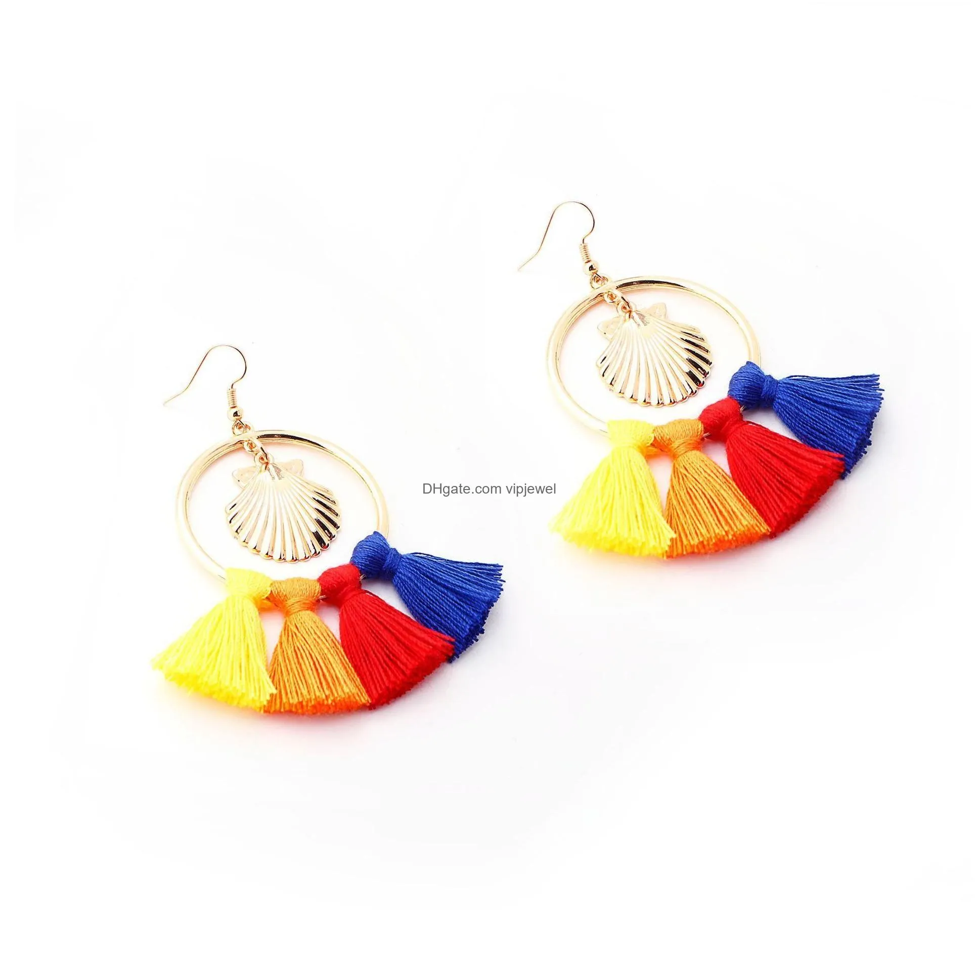 bohemian tassel earrings colorful hoop fringe layerd dangling shell earrings for women girls gift statement earrings