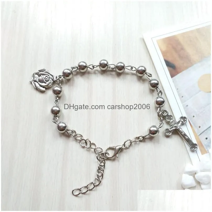 metal beads strand cross rosary bracelets for men women religious jewelry