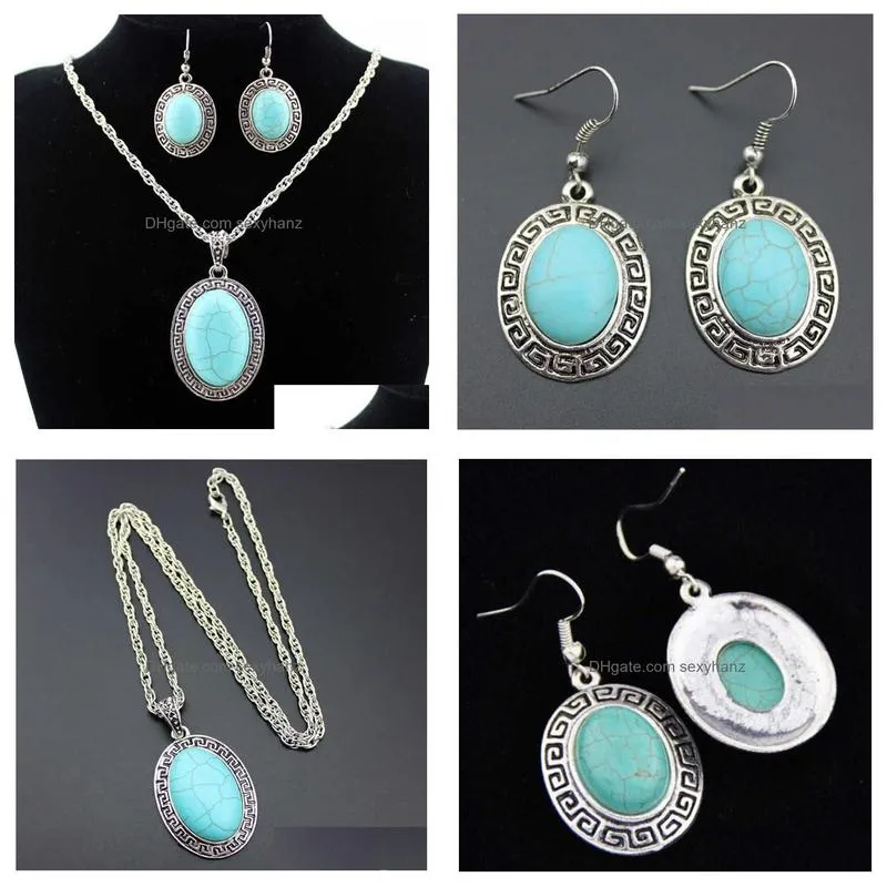 womens oval beads tibetan silver turquoise earrings necklace set gstqs030 fashion gift national style women diy jewelry sets