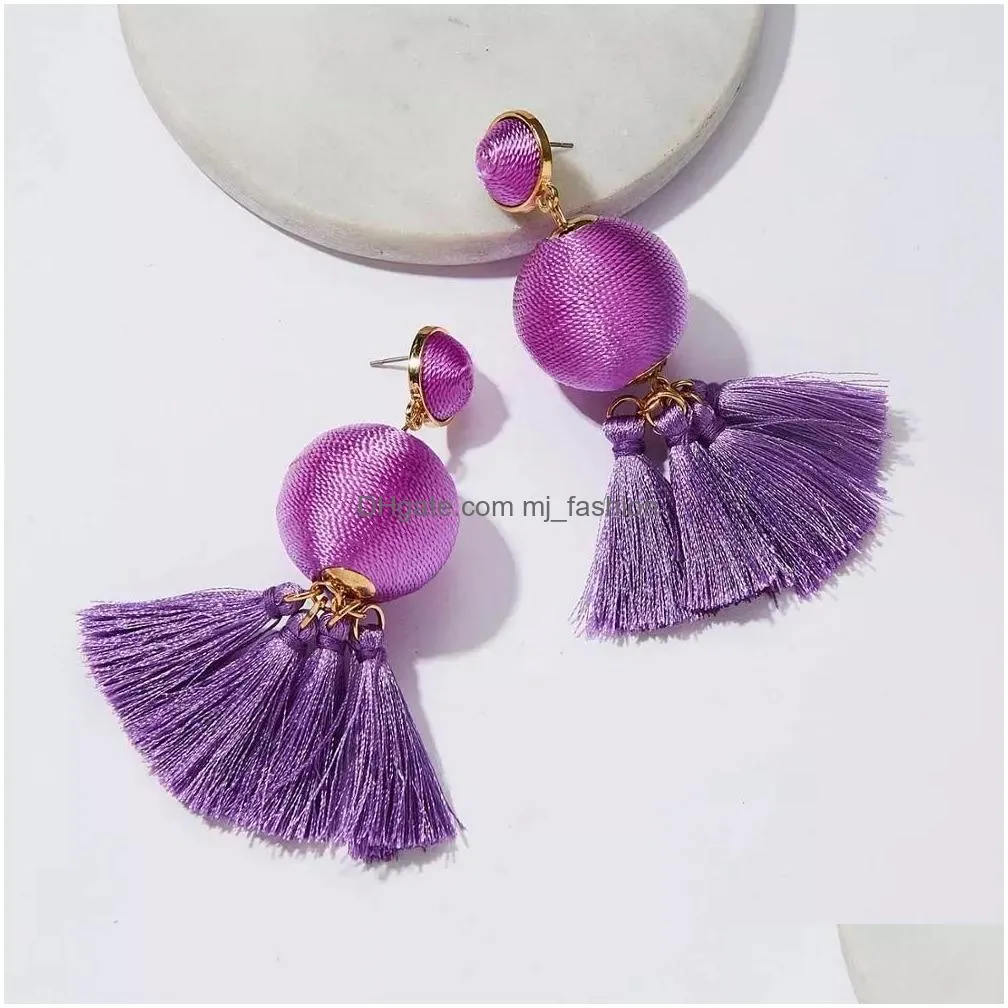 fashion bohemian long tassel drop earrings black pink red silk fabric ball multi color dangle earrings for women jewelry