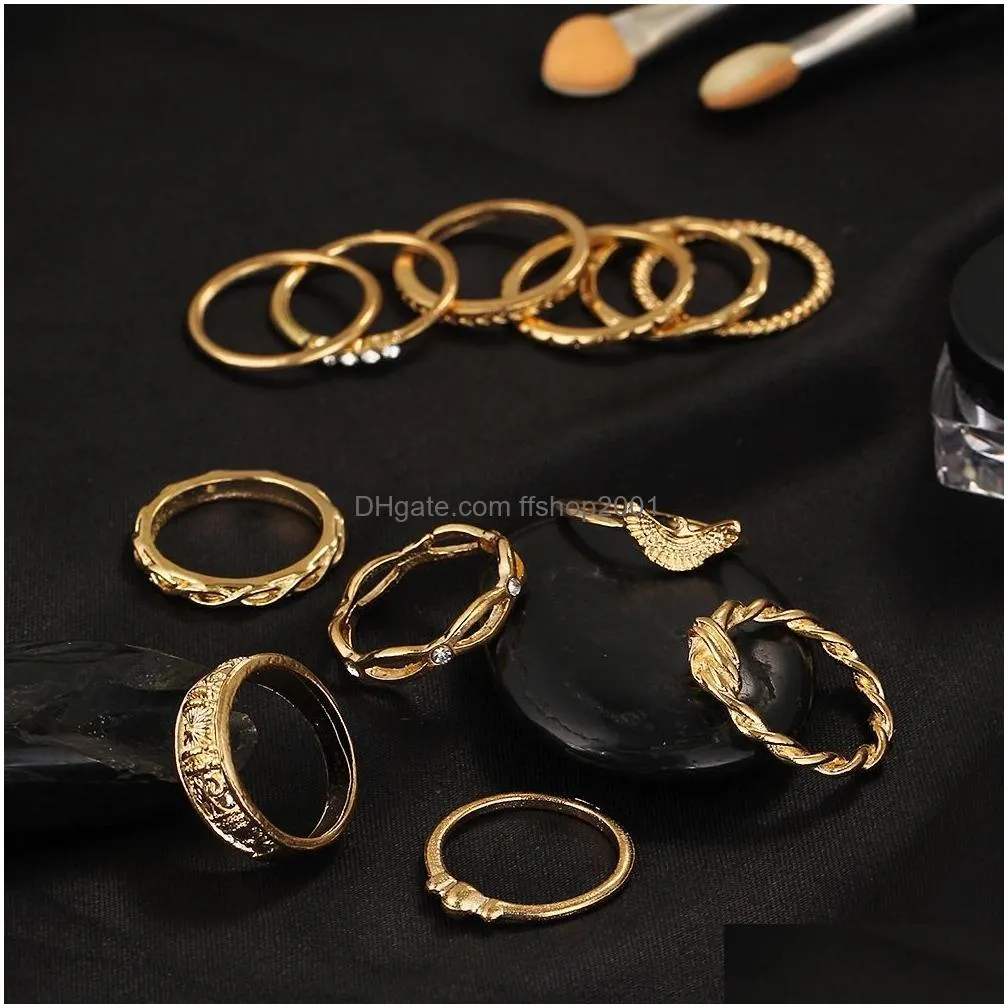 12 pcs/lot boho retro ring set for women crystal rhinestone gold plated fashion ring set vintage bohemia style jewelry factory