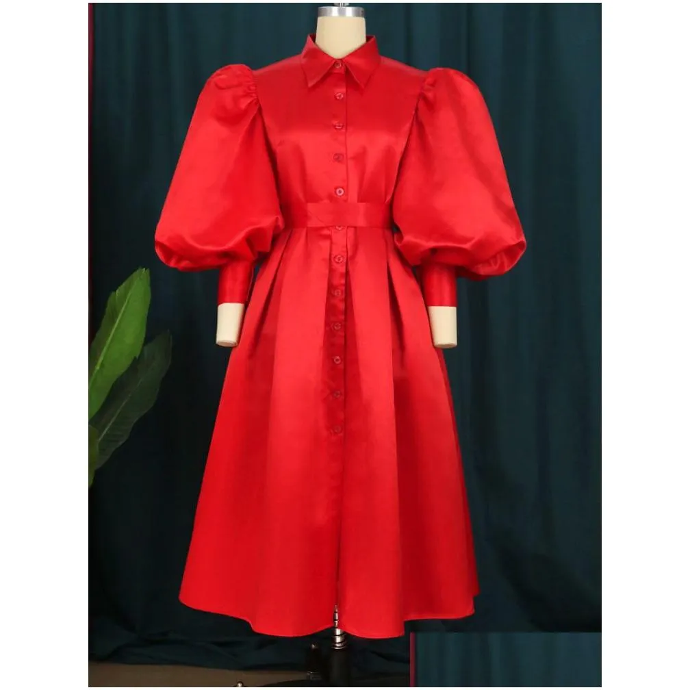 plus size dresses ball gown size 3xl 4xl long lantern sleeve notched collar red high waist party gowns outfits with belt 230201