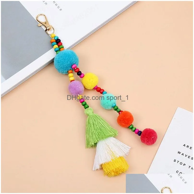 boho style colorful keychains wooden beads pompom key ring with rainbow tassel jewelry for women