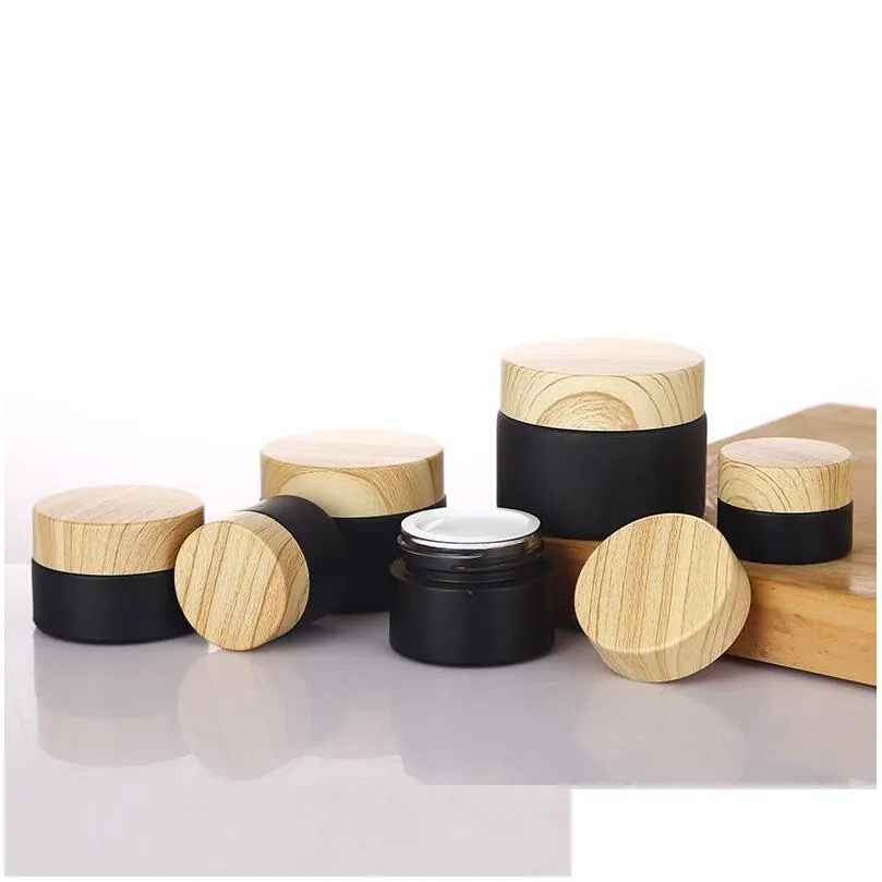 black frosted packing bottles glass jars cosmetic jar with woodgrain plastic lids 5g 10g 15g 20g 30 50g lip balm cream containers