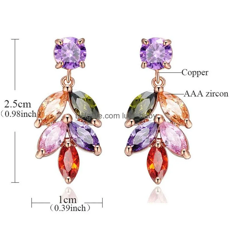  fashion colorful zircon leaf earrings for women rose gold plated zircon leaves rainbow drop earrings trendy jewelry for party
