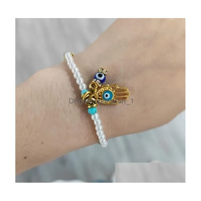 lucky hamsa hand pendant bracelet pearl beaded turkish evil eye for women men couple handmade friendship jewelry wholesale