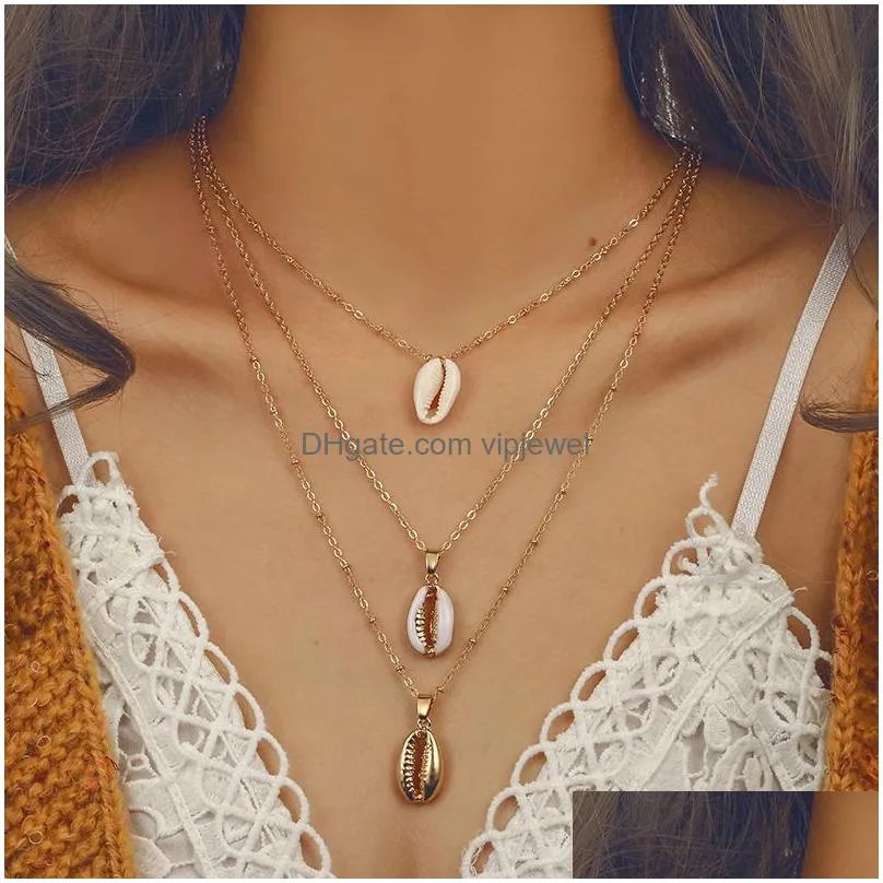  trendy three layers shell necklace bohemian natural shell gold chain necklaces for women friend jewelry gifts