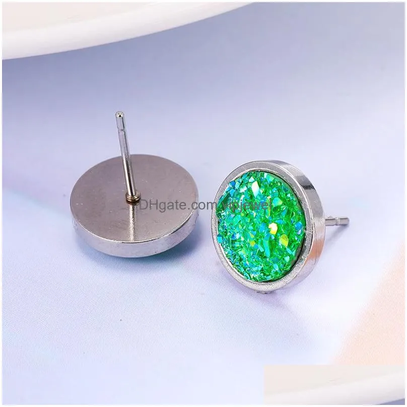  selling druzy resin stud earrings simple and exquisite stainless steel stud earring geometric round mineral face crystal ear for
