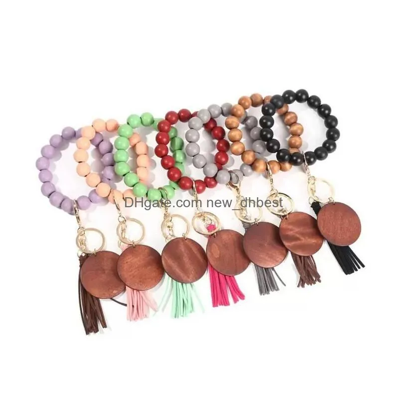 tassel beaded wooden bracelet keychains diy wood key rings bracelet with fringe keychain for women