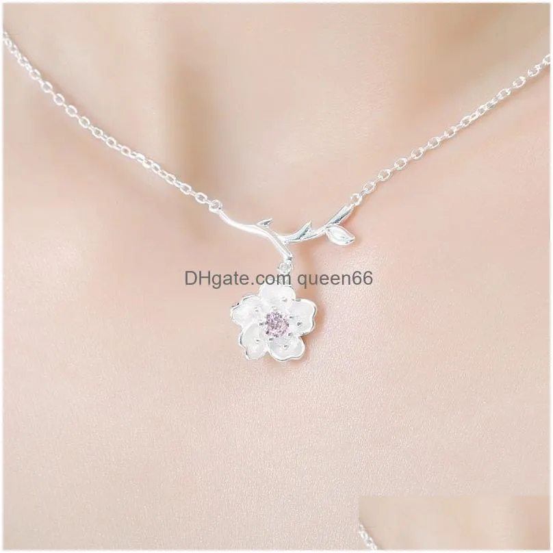 wedding bridal jewelry sets silver plated purple pink crystal cherry blossoms flower necklaces earrings rings for women