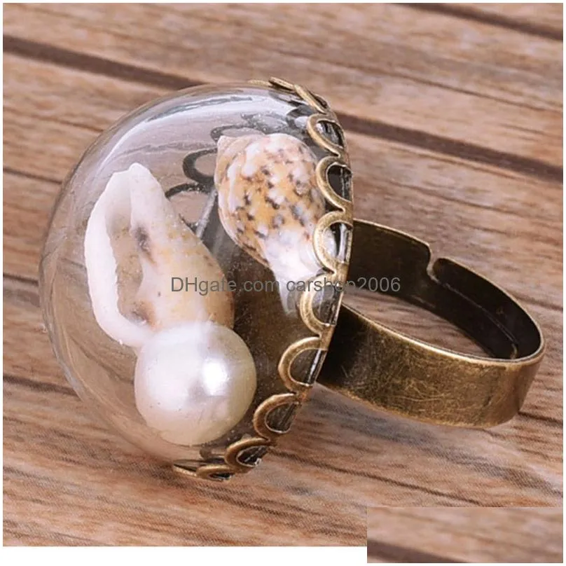 4 styles vintage glass rings jewelry shell starfish adjustable rings for women ladies party unique jewelry handmade artwork gifts
