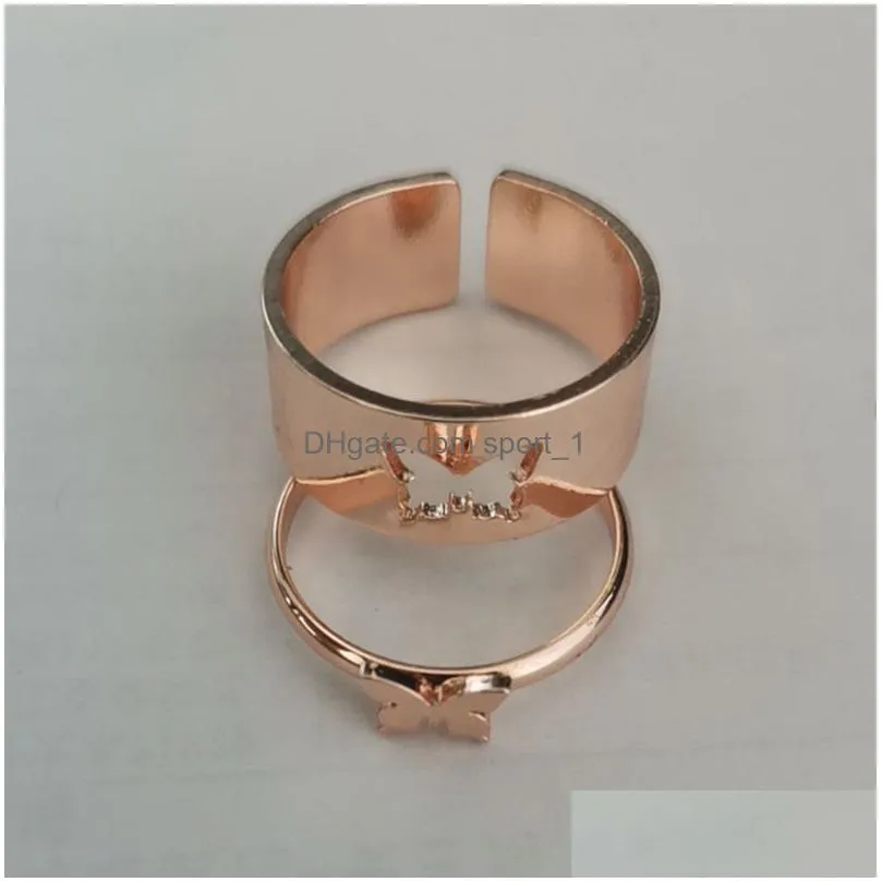 punk 2pc/set butterfly heart opening rings for women gold stainless steel couple ring friendship jewelry