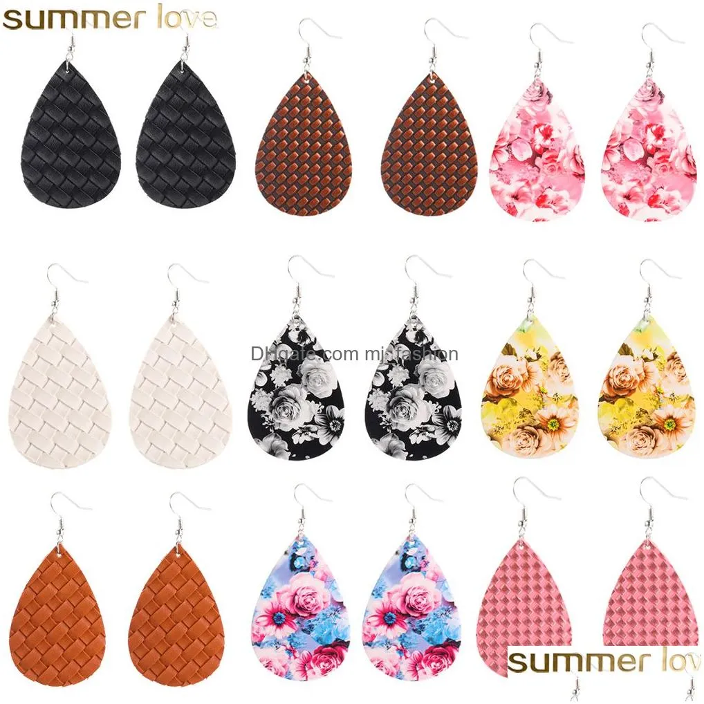  soft pu leather earrings for women fashion woven pattern summer leather oval earring bohemian style women water drops jewelry