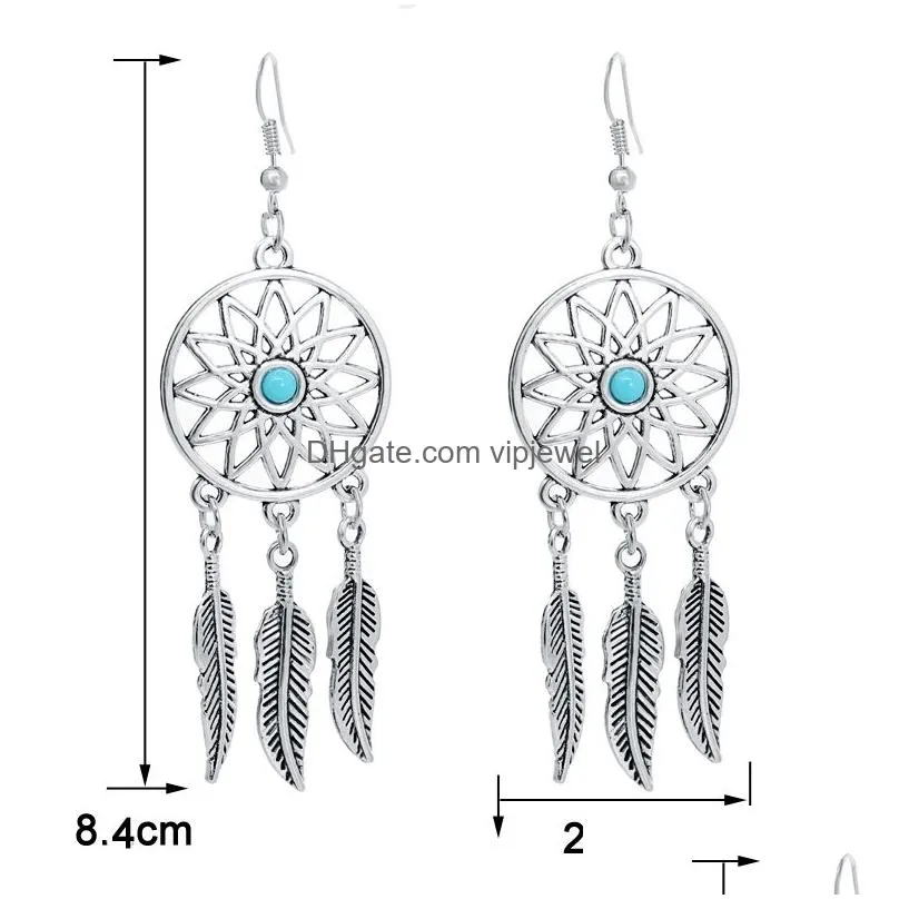 bohemian style dream catcher net feather tassel earrings for women ladies vintage silver dreamcatcher boho jewelry gift