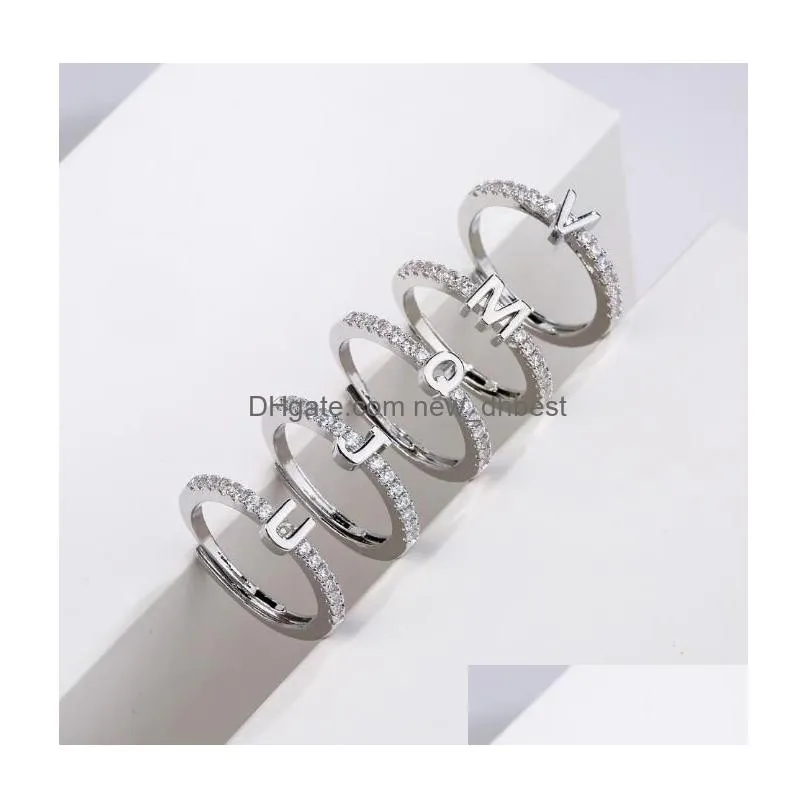 initials letter band ring silver gold color copper material women classic simple opening finger rings for women party jewelry gift