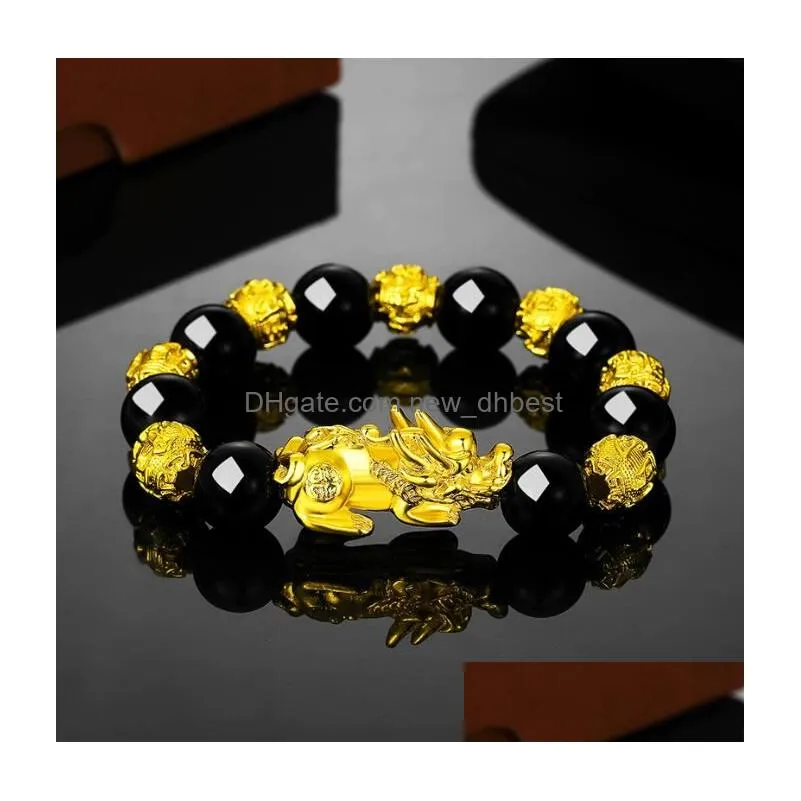 good luck wealth beaded strands bracelets black obsidian beads pixiu bracelet feng shui prosperity pi xiu bracelets for men women jewelry gift 18