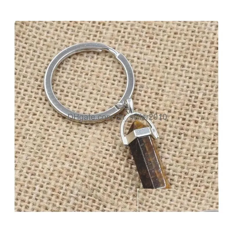 natural stone keychains hexagonal prism bullet quartz point healing crystals chakra key chains diy jewelry accessories