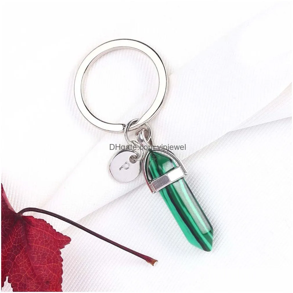 personalized custom az initial letter keychain natural stone crystal keyring colorful stone charms ring chain couples jewelry