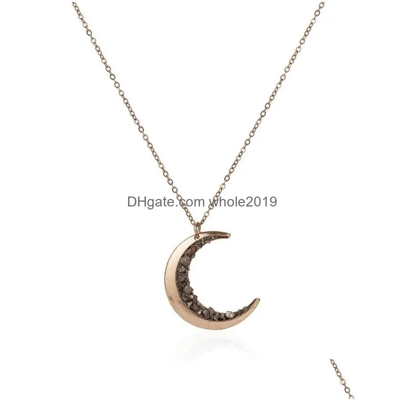 irregular mineral stone natural crystal chakra rock necklace for women crushed stone moon pendant necklace brass gold chain design