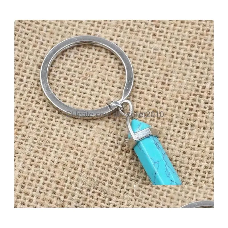 natural stone keychains hexagonal prism bullet quartz point healing crystals chakra key chains diy jewelry accessories