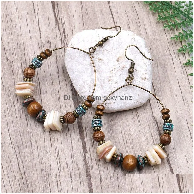  shell hoop earrings with beads for women wood beads shell and natural stone earring handmade jewelry gifts