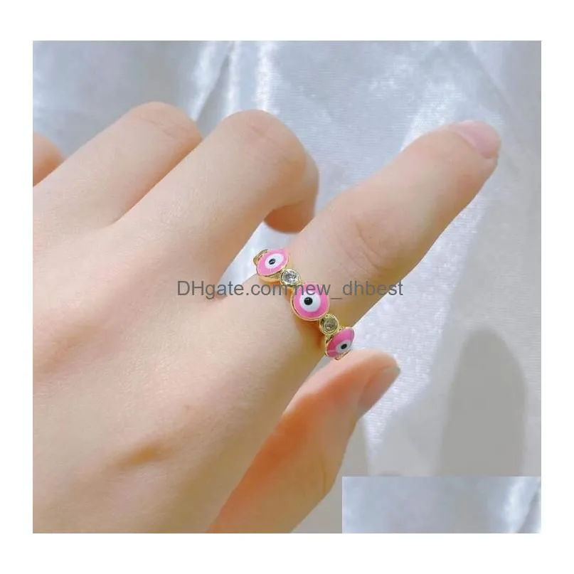 enameled evil eye band rings gold plated adjustable zircon copper rings jewelry for women gift