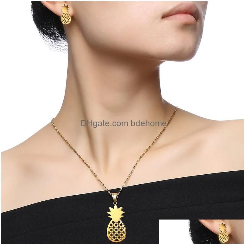 gold engagement jewelry hollow cz charm stainless steel pineapple pendant necklace stud earrings wholesale jewelry set for women