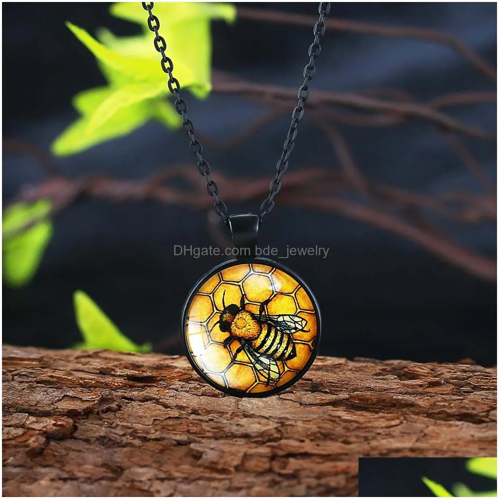 creative bees pattern necklace glass cabochon pendant fashion jewelry black chain statement necklaces gift for women