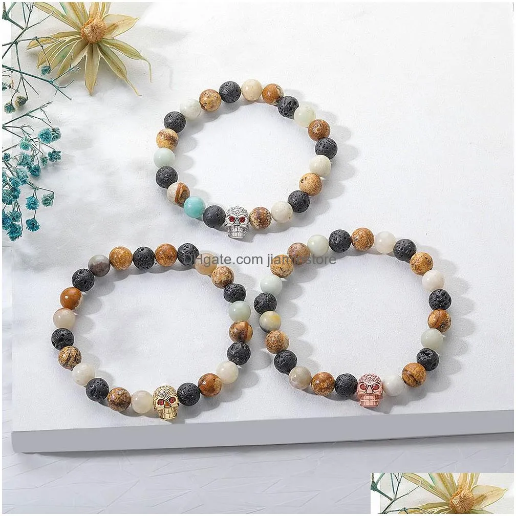 new cz skull charm bracelet lava stone bead bracelets for men or women wholesale yoga jewelry