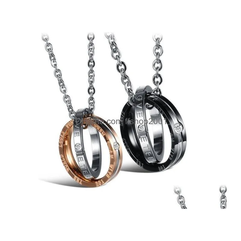 stainless steel couple necklace eternal love rhinestone round pendant necklaces silver black rose gold for men women valentines day
