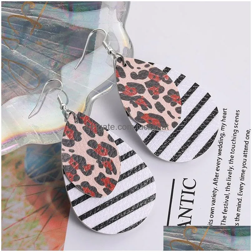 fashion leather leaf waterdrop dangle earrings zebra black white stripes leopard double layer earring for elegant girls women jewelry